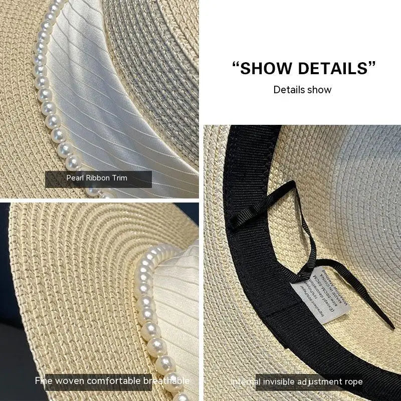 Beige woven straw pearl bow sun hat for children with pearl ribbon trim and internal invisible adjustment rope.