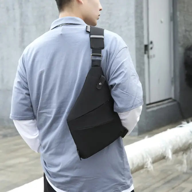 Black nylon men’s waterproof anti-theft multifunctional crossbody bag with adjustable strap and multiple zippered compartments.