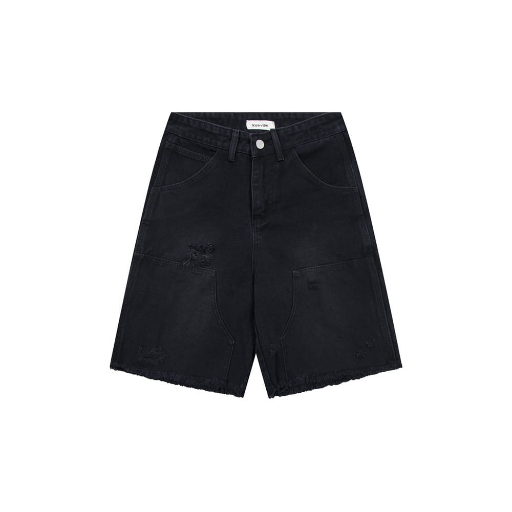 pantalones cortos de mezclilla negros para hombre con dobladillo deshilachado y desgastado, con parches desgastados y dobladillos deshilachados.