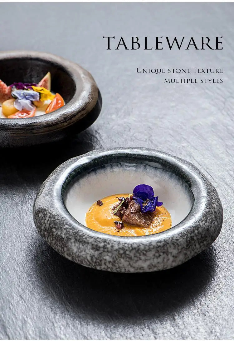 Gray stone-textured ceramic sashimi bowl with a white interior featuring a unique rustic design as part of an elegant retro speckled hat plate tableware set.