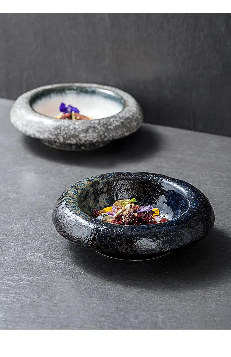 Dark blue speckled ceramic sashimi bowl with a textured rustic finish for serving Japanese dishes.