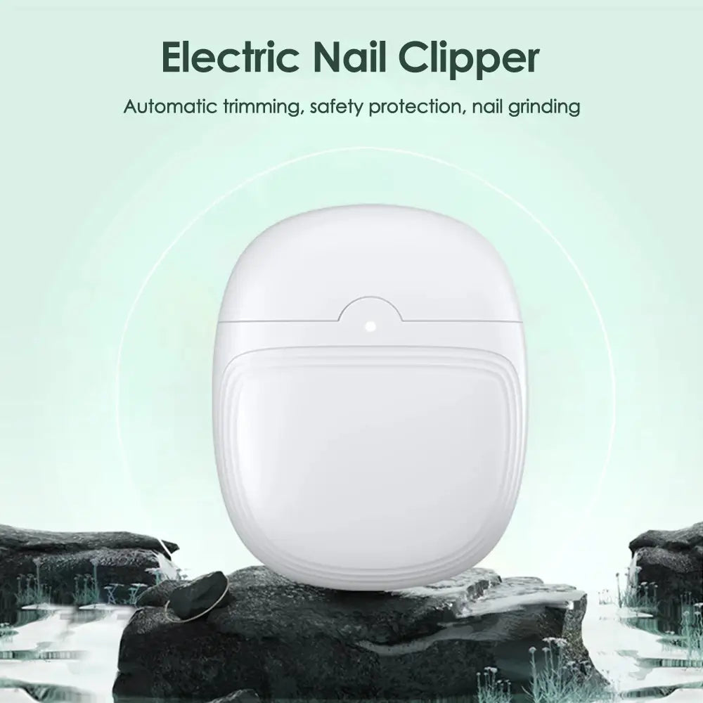 White electric nail clippers with a sleek rounded design and smooth plastic casing for rechargeable automatic trimming.