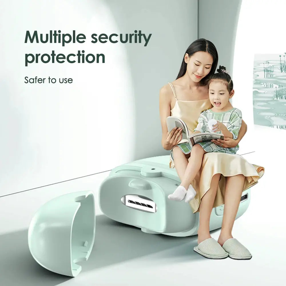 light blue sleek plastic child safety seat with a detachable cover featured alongside an electric nail clippers rechargeable automatic trimmer