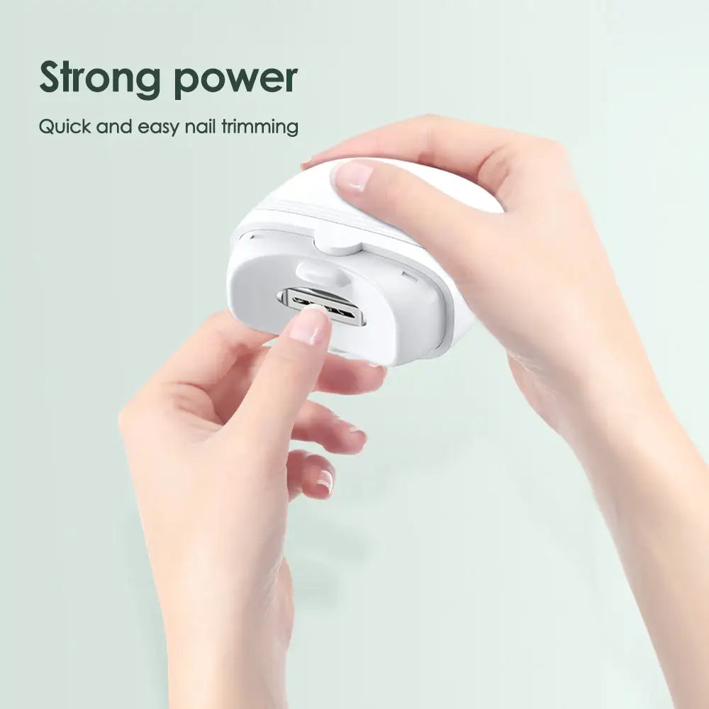 White compact electric nail clippers rechargeable automatic trimmer with usb charging port and ergonomic design for precise grooming.