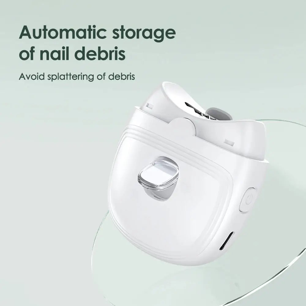 White plastic and metal electric nail clippers with rechargeable automatic trimmer and debris collection system.