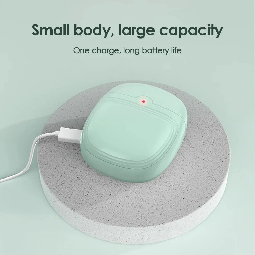 Mint green silicone charging case for electric nail clippers rechargeable automatic trimmer featuring a sleek rounded design with subtle horizontal grooves and a red power indicator light.