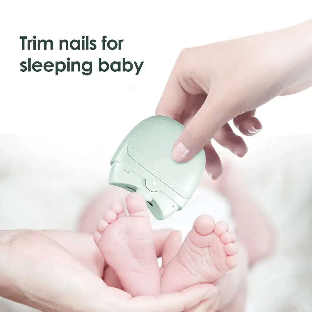 Mint green electric nail clippers rechargeable automatic trimmer with rounded edges and a compact ergonomic design for baby nail care.