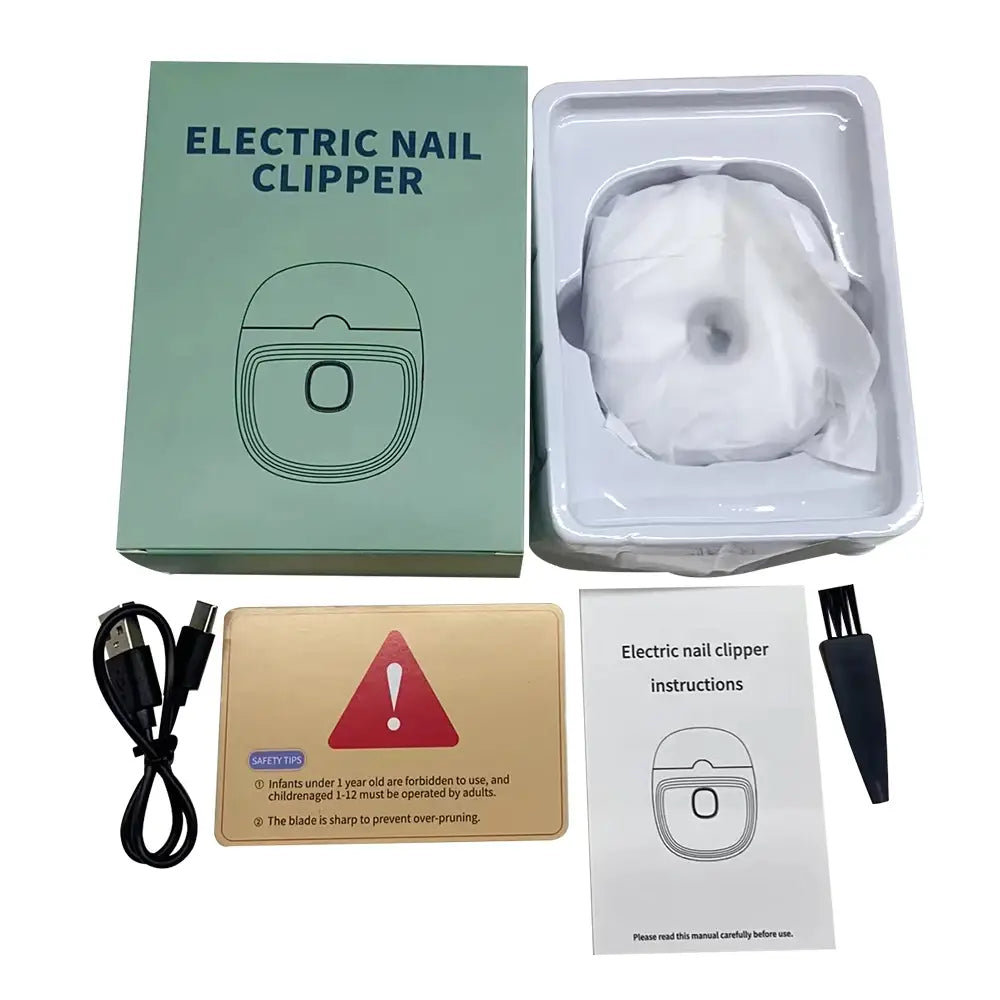 White electric nail clippers rechargeable automatic trimmer in a clear plastic case with a charging cable and instruction manual.