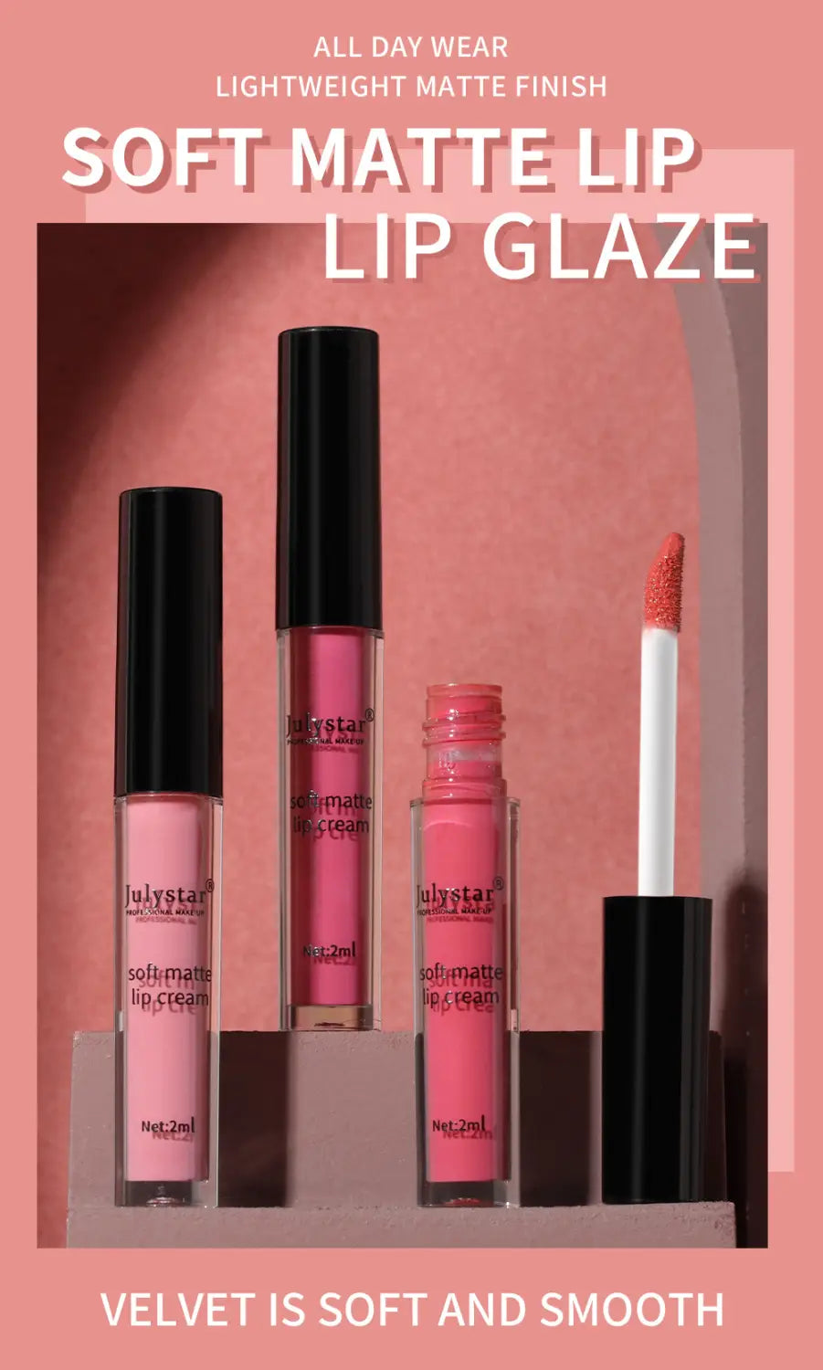 Three pink soft matte lip glaze tubes with black caps and a matching applicator displayed on a tiered stand for matte lip cream nonstick liquid lipstick 2ml.