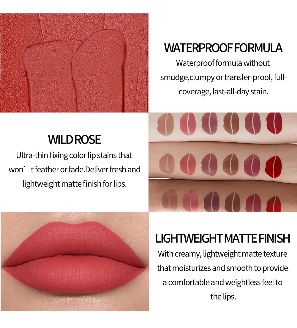 Wild rose waterproof matte lip stain in a vibrant coral-red shade with an ultra-thin lightweight formula shown in a 2ml matte lip cream nonstick liquid lipstick container.