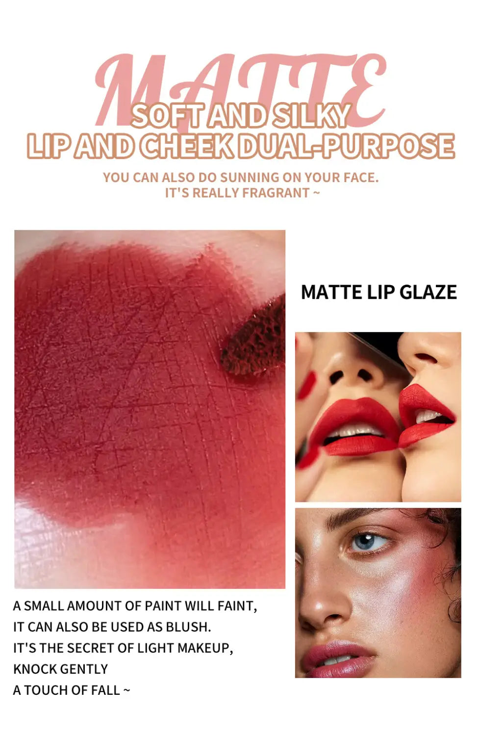 Matte lip cream nonstick liquid lipstick in matte red with a soft silky finish and subtle fragrance in a 2ml container.