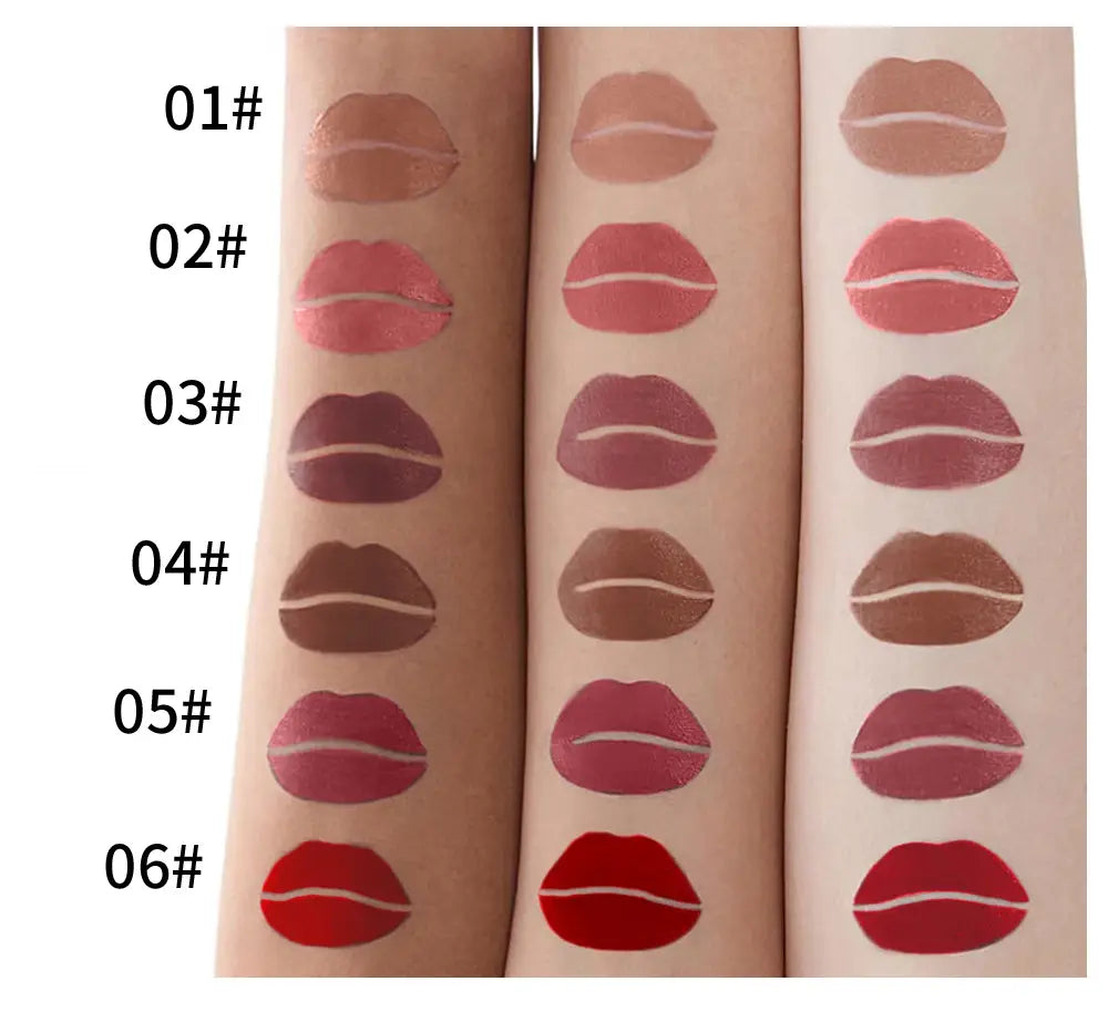 a collection of six matte and glossy matte lip cream nonstick liquid lipstick shades in neutral to bold red tones displayed on arms with numbered labels.