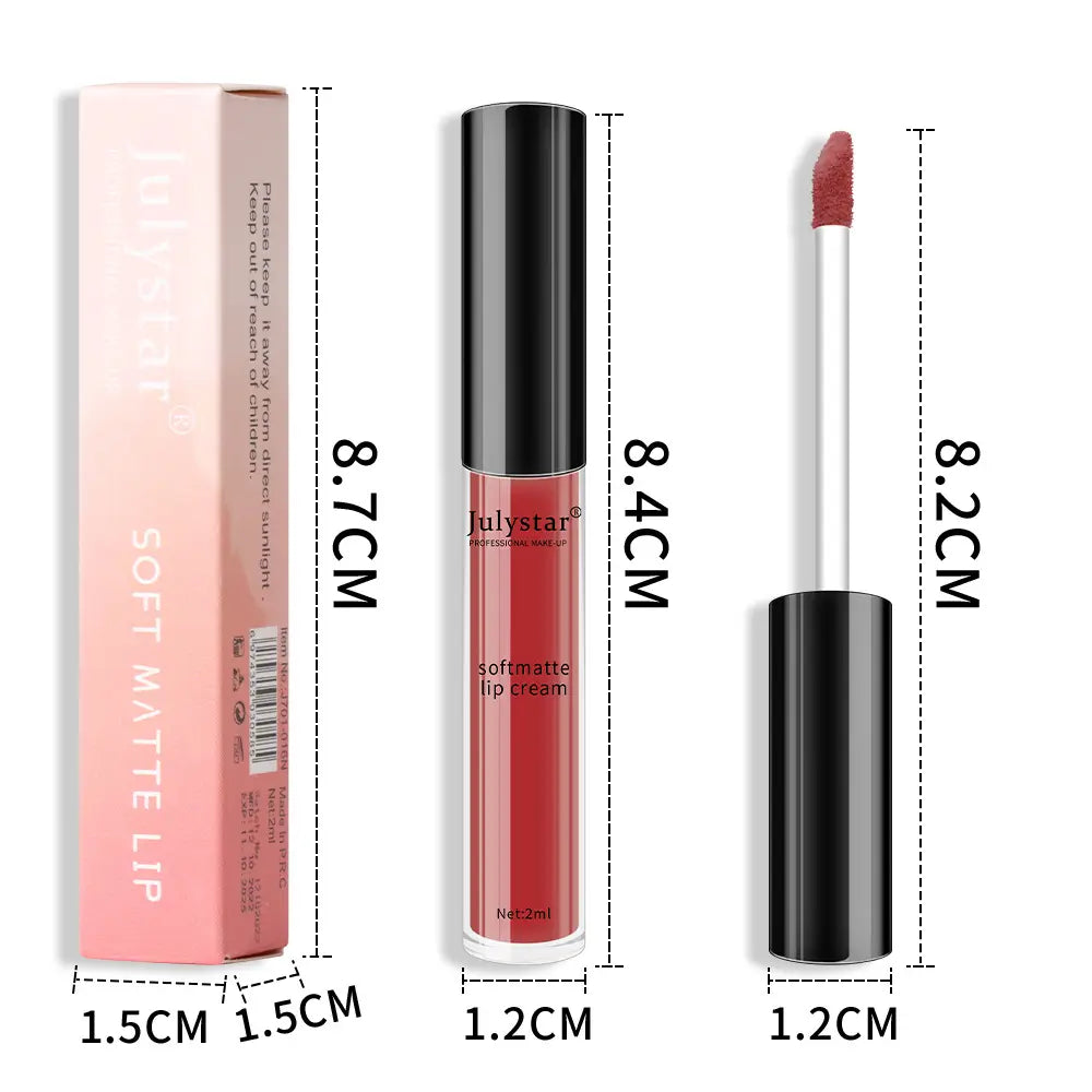Julystar matte lip cream nonstick liquid lipstick 2ml in a sleek glass tube with black cap and silver applicator featuring a rich red hue.