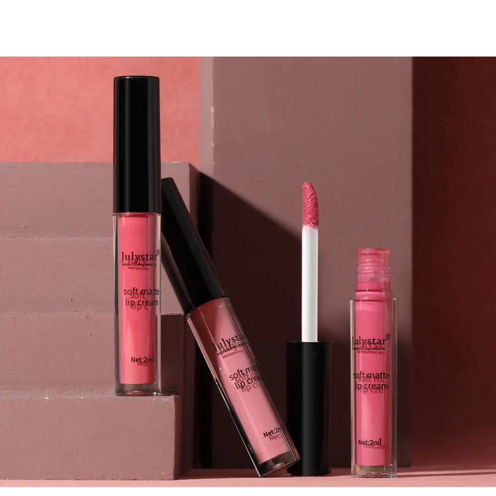 three julystar matte lip cream nonstick liquid lipsticks in clear glass tubes with black caps featuring blush pink and mauve shades