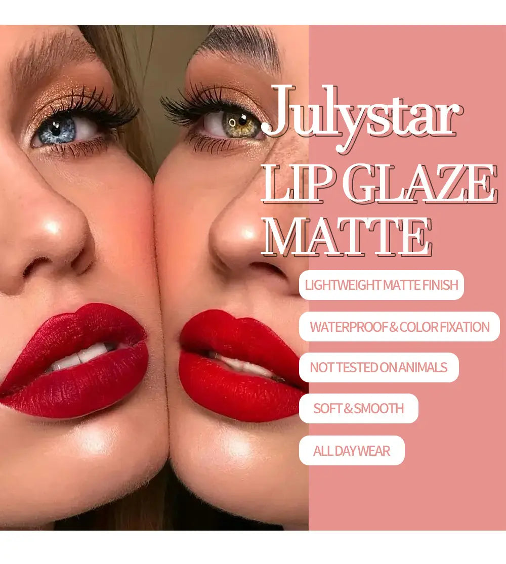 Vibrant red matte lip glaze from julystar features a nonstick liquid lipstick formula designed for long-lasting wear and smooth application in a 2ml matte lip cream packaging.