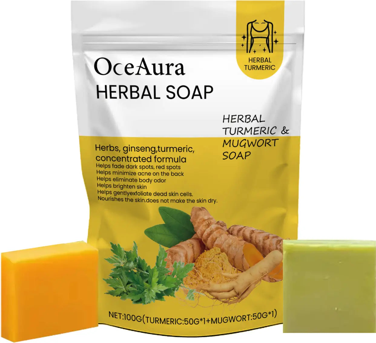 Oceaura turmeric and mugwort herbal soap bar set 2pc featuring an orange turmeric bar and a green mugwort bar beside yellow and white resealable pouch packaging.