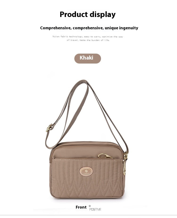 Khaki-colored quilted crossbody bag with gold-tone hardware and adjustable strap for versatile daily use.