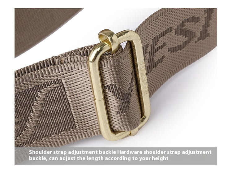 Gold-toned metal buckle on a textured khaki fabric shoulder strap with subtle woven branding on a quilted crossbody bag with gold hardware.