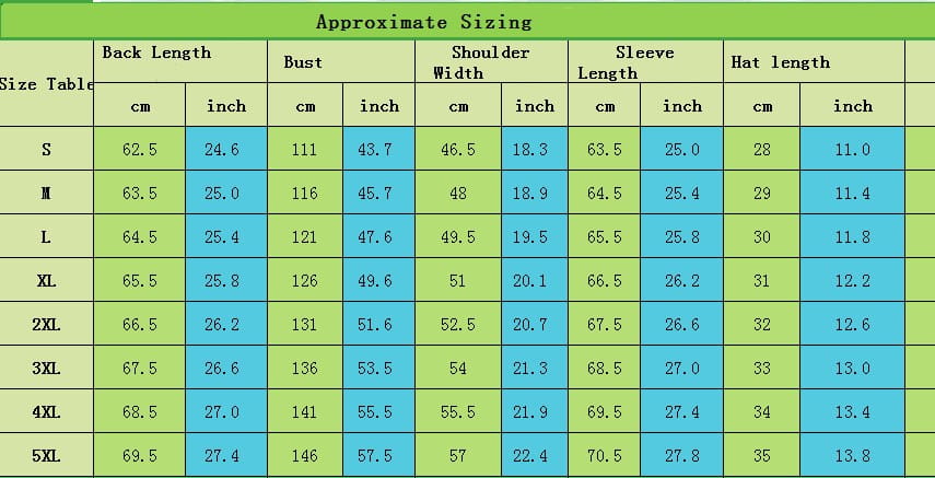 green and blue table displaying an approximate sizing chart for mens pu leather punk stand collar biker jacket