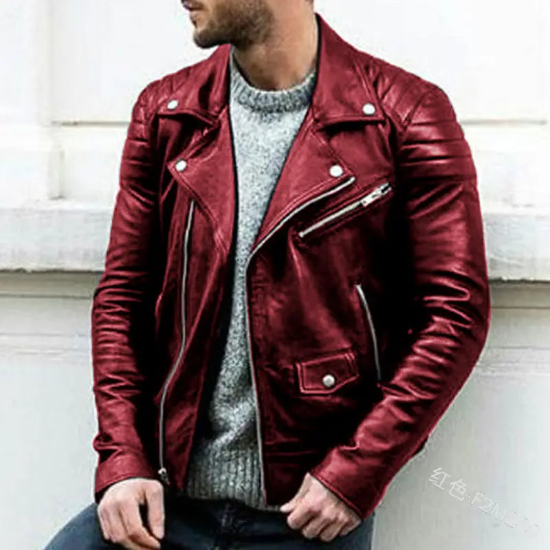 Men’s pu leather punk stand collar biker jacket in rich glossy red with silver zippers and snap buttons.