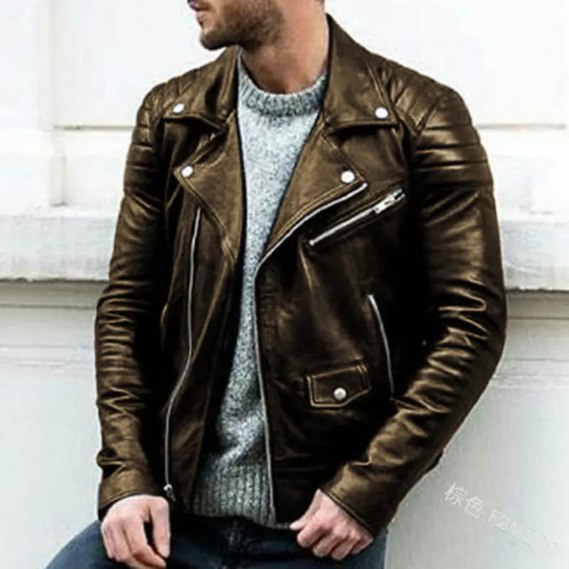 Men’s brown pu leather punk stand collar biker jacket featuring silver zippers and snap buttons.