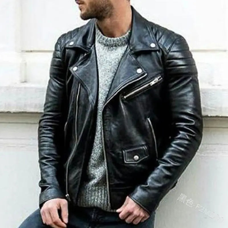 Men’s pu leather punk stand collar biker jacket in black with silver zippers and snap buttons.