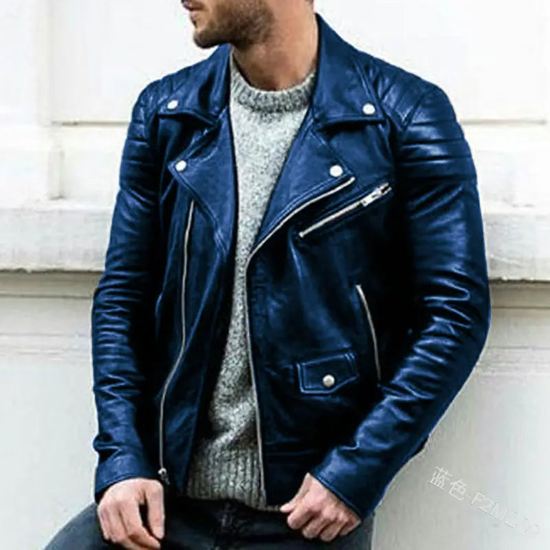 Men’s pu leather punk stand collar biker jacket in deep blue with silver zippers and snap buttons.