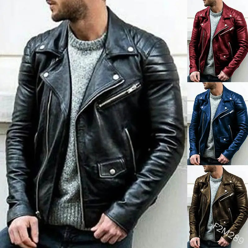 Men’s pu leather punk stand collar biker jacket in black with silver zippers and snap buttons.