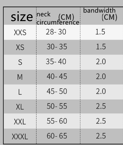 Die Tabelle zeigt Größenangaben in Zentimetern für den Halsumfang und die Bandbreite für das große Hundetraining-Collar-Plaid-Nylongeschirr in den Größen xxs bis xxxl.