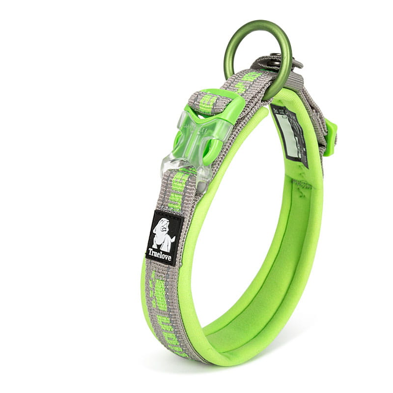 Leuchtend limettengrünes und graues reflektierendes großes Hundetraining-Collar aus Plaid-Nylon mit dem truelove-Markenlogo, mit Kunststoffschnallenverschluss und Metallring.
