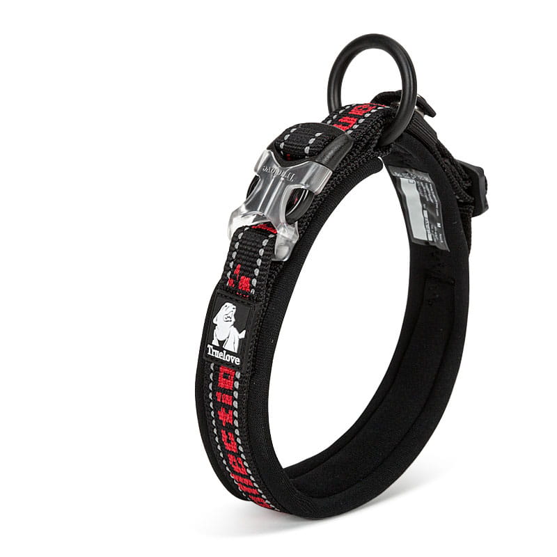 Großes Hundetraining-Collar-Plaid-Nylongeschirr mit schwarzem und rotem Muster und silberfarbenem Schnallenverschluss.