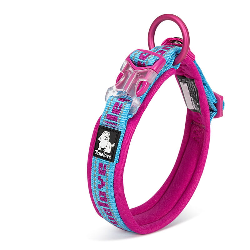 Großes Hundetraining-Collar-Plaid-Nylongeschirr mit einem kräftigen pinken und türkisfarbenen truelove-Design, mit klarem Kunststoffschnallenverschluss und passendem Metallring.