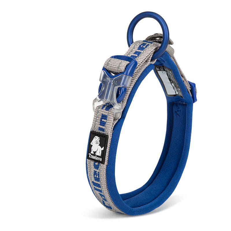 Großes Hundetraining-Collar-Plaid-Nylongeschirr mit einem blauen und grauen truelove-Hundehalsband-Design, mit einem haltbaren Stoffgurt und silberfarbenem Metall-Schnallenverschluss sowie einer gepolsterten Innenfütterung.