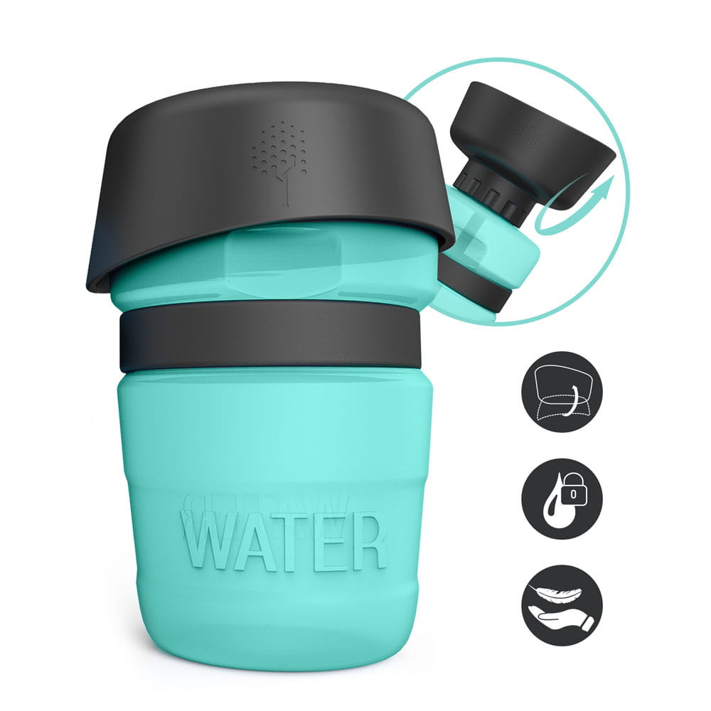 Teal silicone collapsible dog water bottle with black lid and straw attachment designed as a foldable travel dispenser bowl.