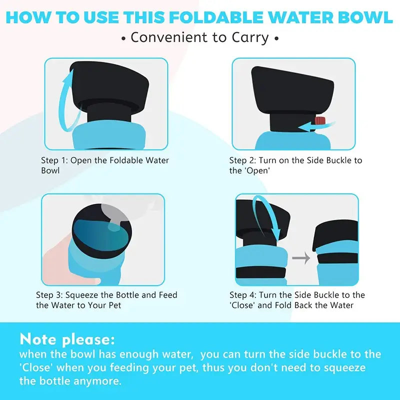 Black and blue foldable dog water bowl with a side buckle mechanism for easy carrying and pet hydration in a travel dispenser design