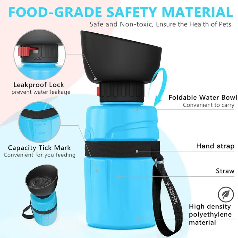 Blue foldable dog water bottle with black accents and built-in straw for travel and outdoor use.