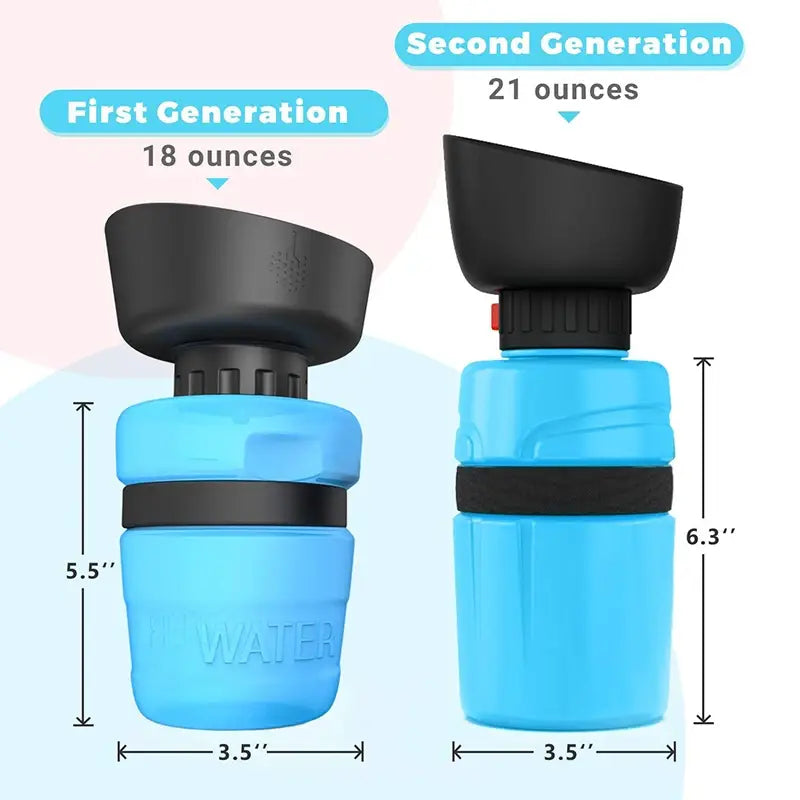 Blue and black collapsible dog water bottle with a built-in drinking spout made of durable material for travel and outdoor use.