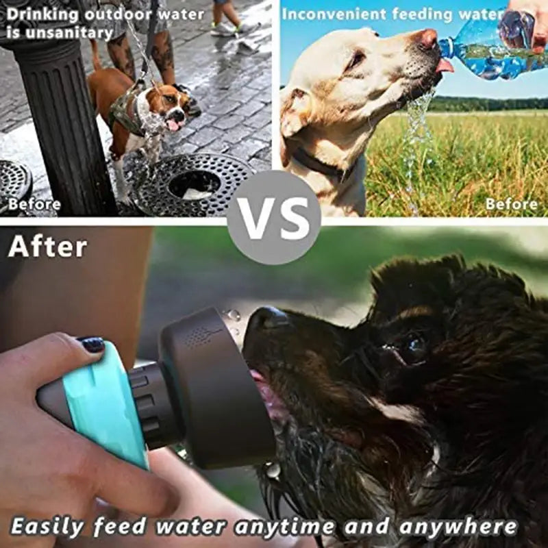 A teal and black foldable dog water bottle travel dispenser bowl with a nozzle for easy hydration on the go.