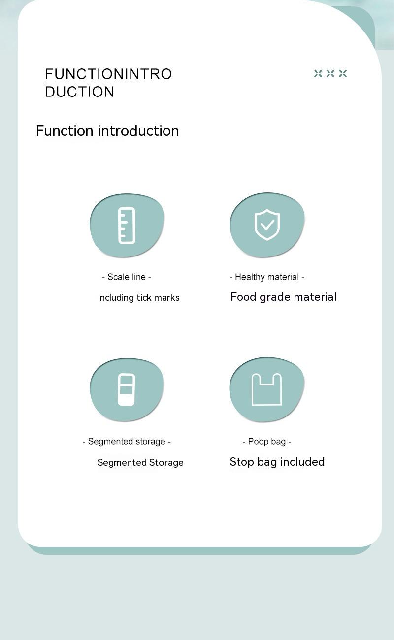 L’image présente un tableau des caractéristiques du produit sur un fond turquoise clair, mettant en évidence la bouteille d’eau et le distributeur d’aliments portable 3-en-1 pour chien, ainsi que des attributs clés, notamment une graduation, un matériau sain de qualité alimentaire, un compartiment segmenté et un sac de stop inclus.