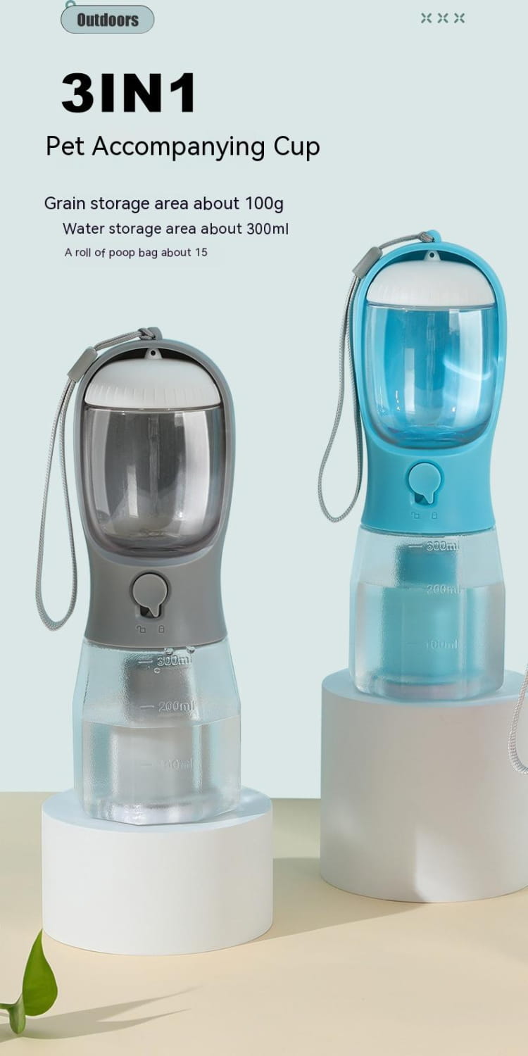 Bouteille d’eau et distributeur d’aliments portable 3-en-1 pour chien bleu et gris, avec réservoir d’eau transparent, compartiment pour grains amovible et distributeur intégré pour sacs à déjections.