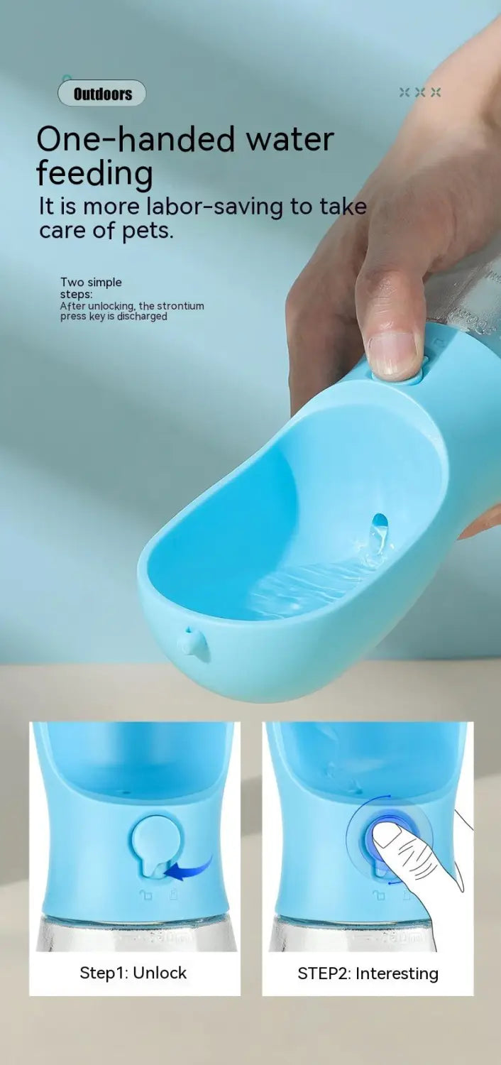 Light blue silicone 3-in-1 portable dog water bottle and food dispenser featuring a one-handed feeding design and press-to-discharge mechanism.