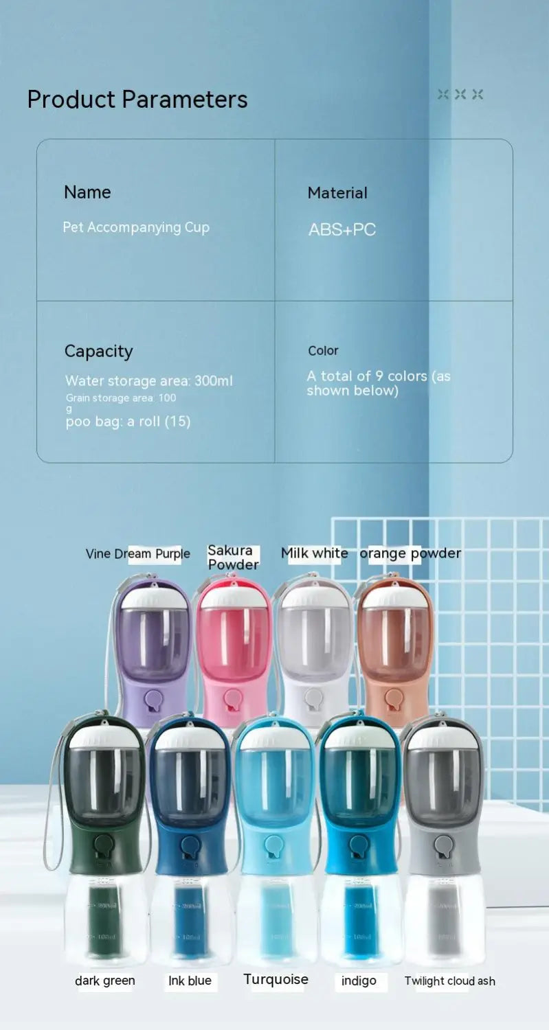 a sleek 3-in-1 portable dog water bottle and food dispenser with a translucent body and opaque cap available in vibrant colors including purple, pink, white, blue, green, orange, indigo, and gray designed for convenient pet hydration and feeding on the go