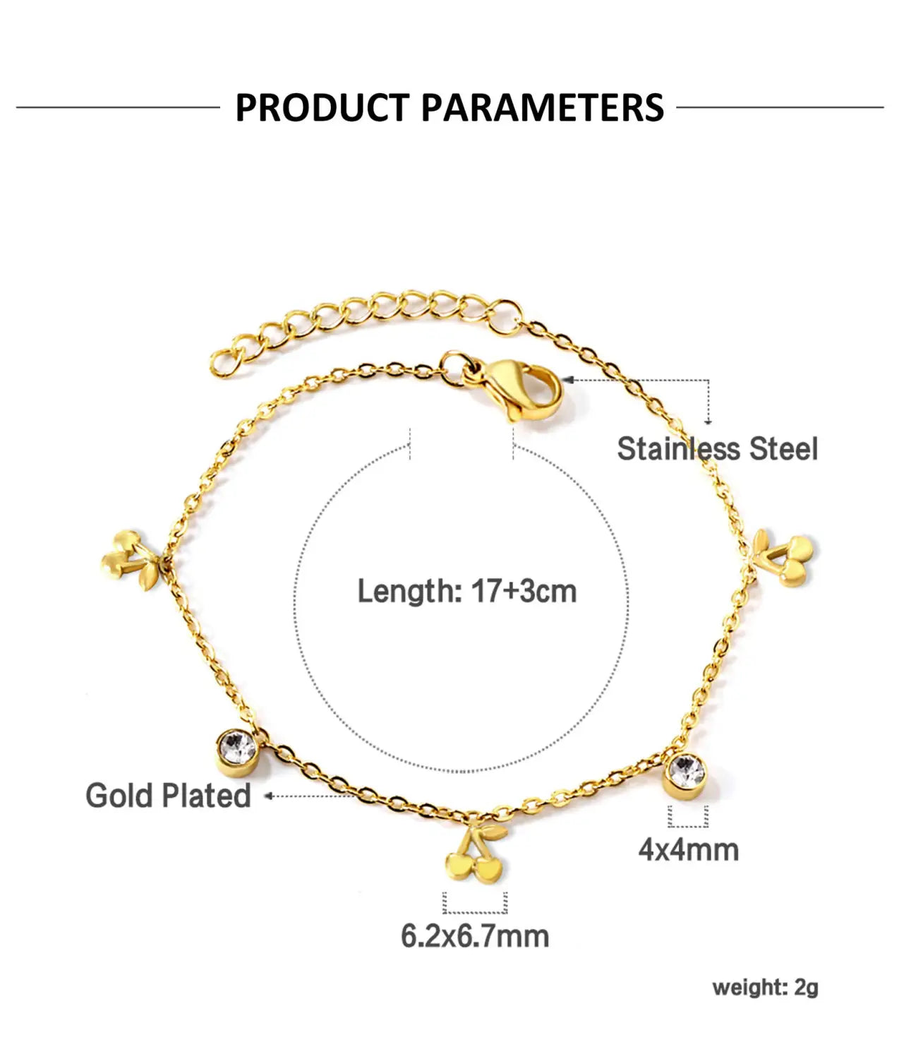 Gold plated charm bracelet made of stainless steel featuring delicate cherry charms and sparkling crystal accents.