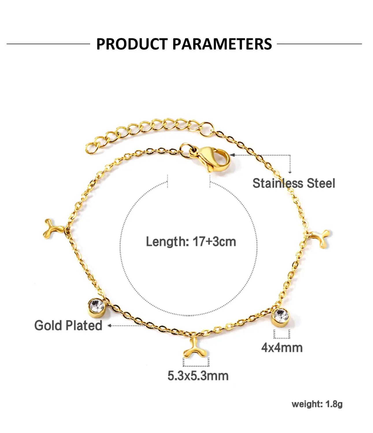 Gold plated charm bracelet with crystal accents featuring gold plated stainless steel material, small shiny crystal details, and delicate y shaped charms.
