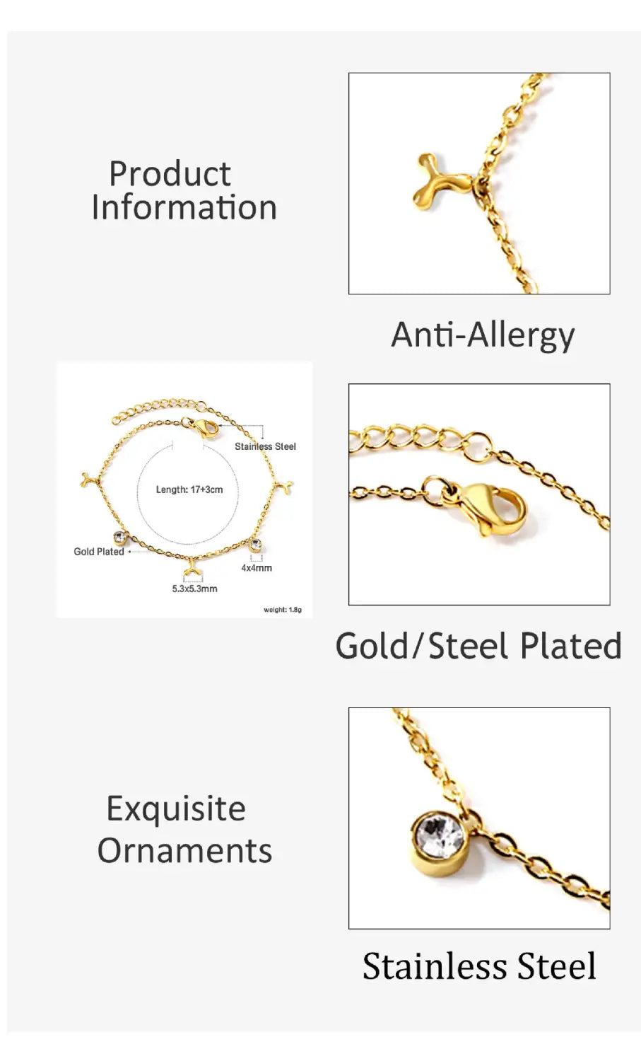 Gold plated charm bracelet featuring delicate chain links and a sparkling crystal pendant on stainless steel.