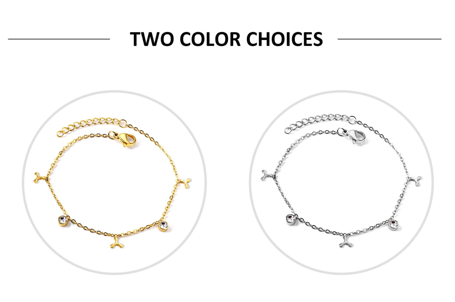 Gold plated charm bracelet with crystal accents featuring gold and silver-colored anklet chains with small cross-shaped charms embedded with clear stones.