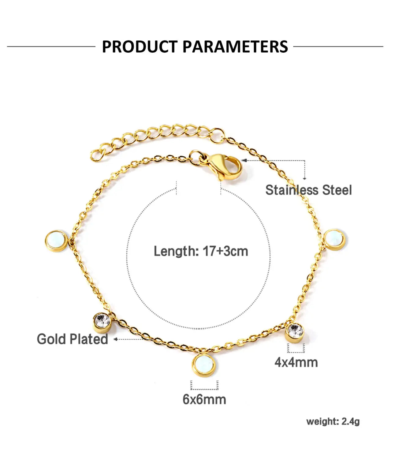 Gold plated charm bracelet made of stainless steel featuring five circular charms with crystal accents including one larger opal-like stone.