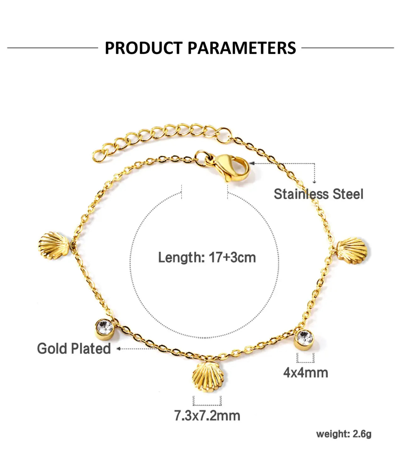 Gold plated stainless steel anklet with delicate seashell charms and sparkling crystal accents for elegant wear.