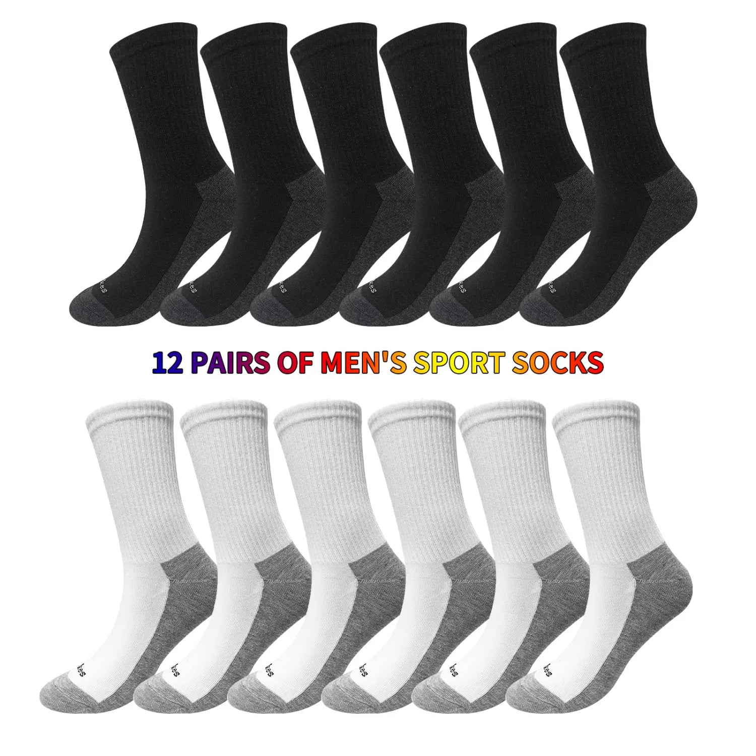 Twelve pairs of men athletic socks in black and white with gray accents on the heel and toe made from breathable cotton for sports use.
