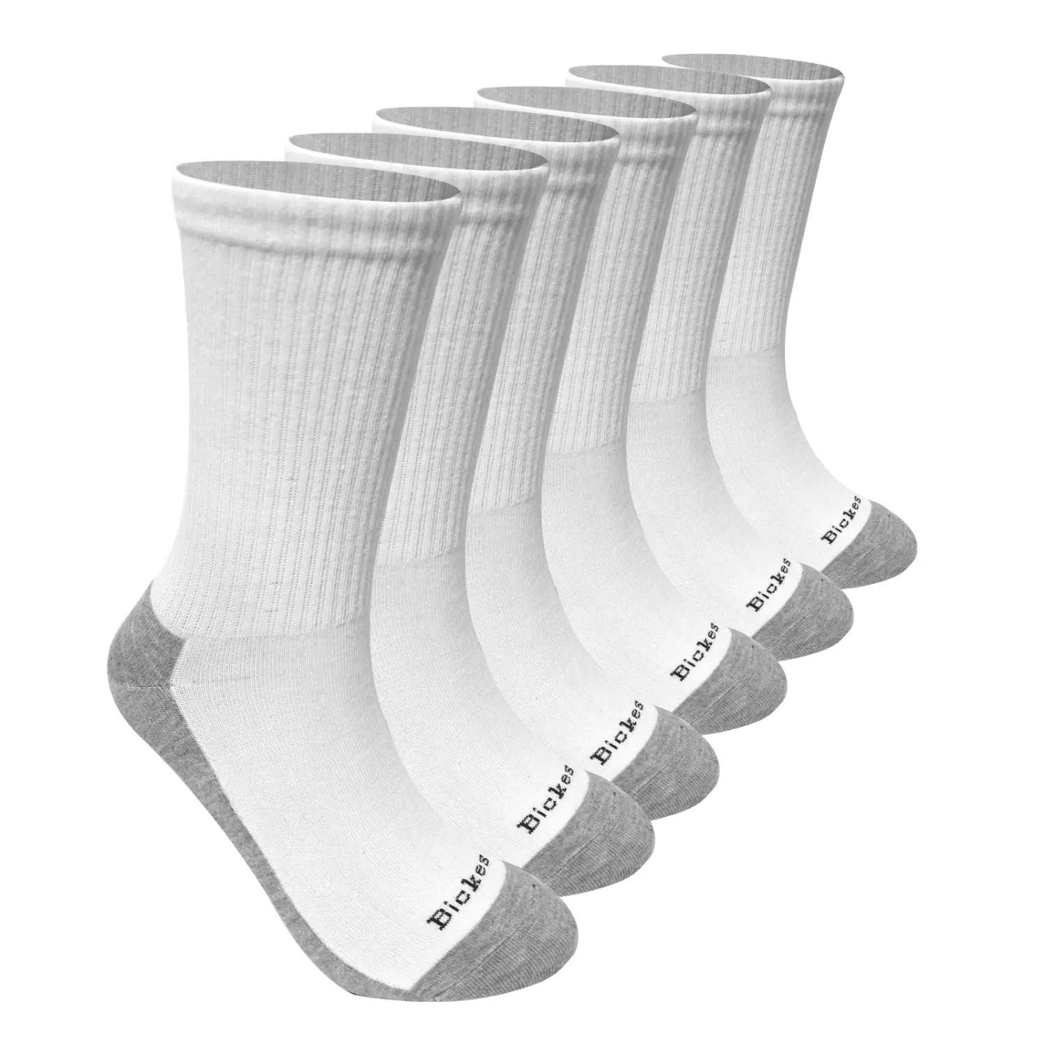 White and gray bickies crew socks with ribbed cuffs made of breathable cotton for men athletic use.
